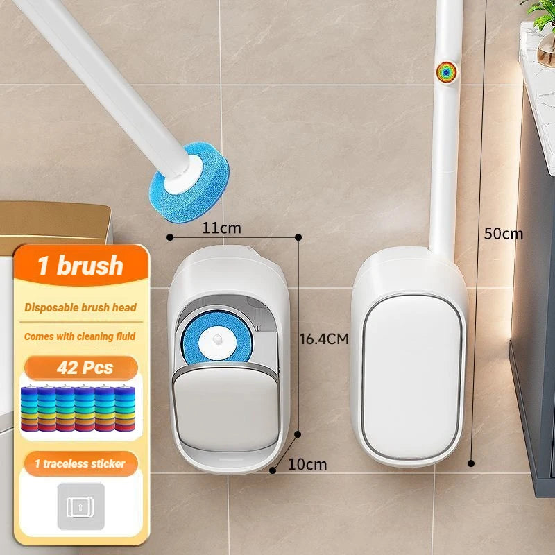 Set de brosse de toilette jetable montée au mur, montrant la tête de brosse, le liquide nettoyant et la poignée blanche.