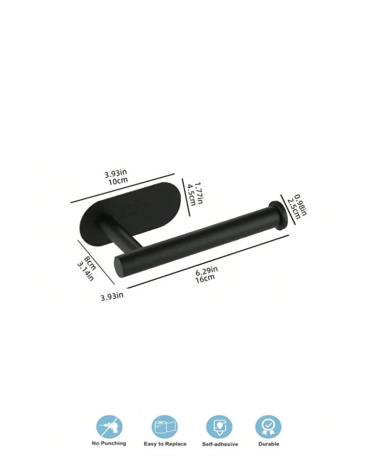 A black stainless steel self-adhesive toilet paper holder shown in a side view.