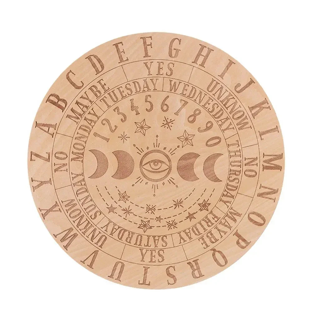 Holzpendelbrett mit dem englischen Alphabet in kreisförmiger Anordnung für Metaphysik-Dekoration