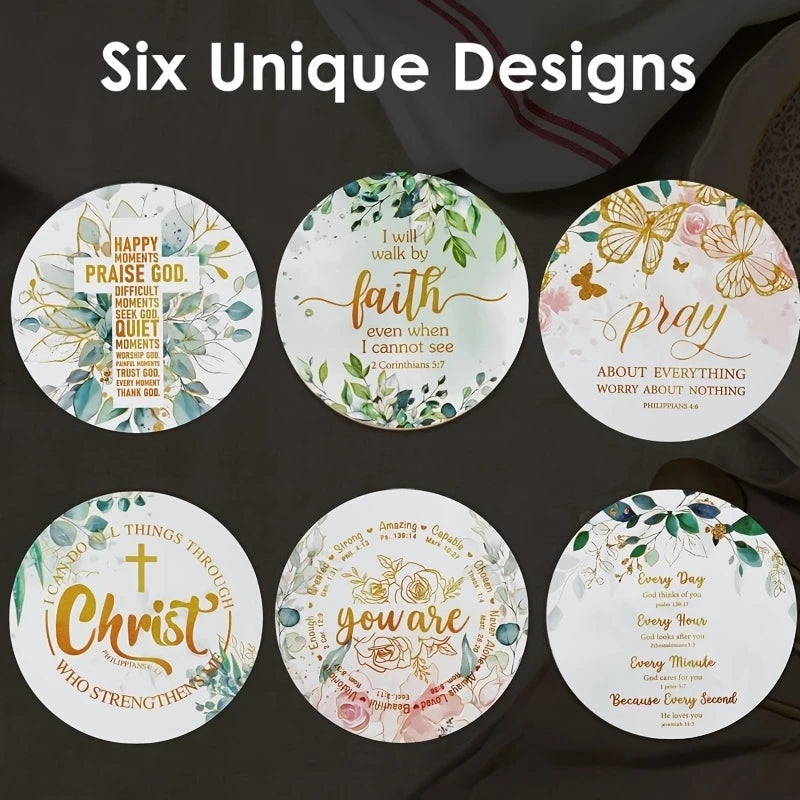 Six unique designs of floral pattern wooden coasters featuring religious phrases like Praise God and I will walk by faith