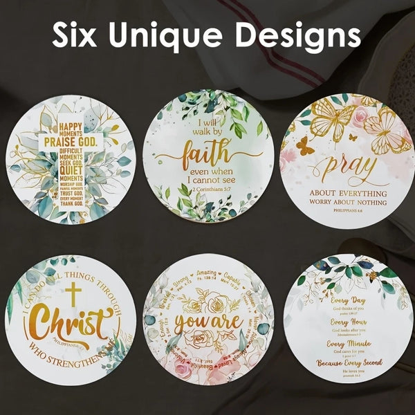 Six unique designs of floral pattern wooden coasters featuring religious phrases like Praise God and I will walk by faith