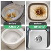 Before and after images showing the cleaning of a toilet bowl and a kitchen sink using a heavy duty pumice scrubber stick