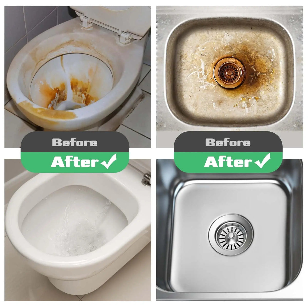 Before and after images showing the cleaning of a toilet bowl and a kitchen sink using a heavy duty pumice scrubber stick