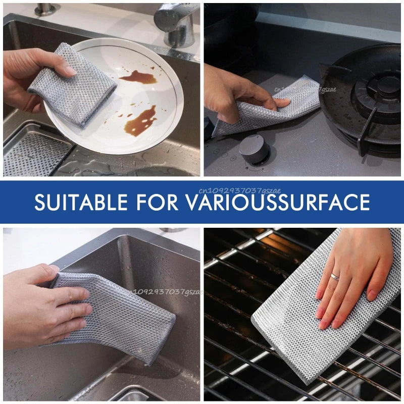 Silver microfiber cleaning pads used for washing dishes and grilling surfaces.