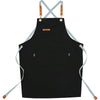 Black adjustable hairdressing apron with light blue ties and wooden accents