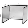 Foldable stainless steel oil splash guard for stovetop shown open with dimensions marked.