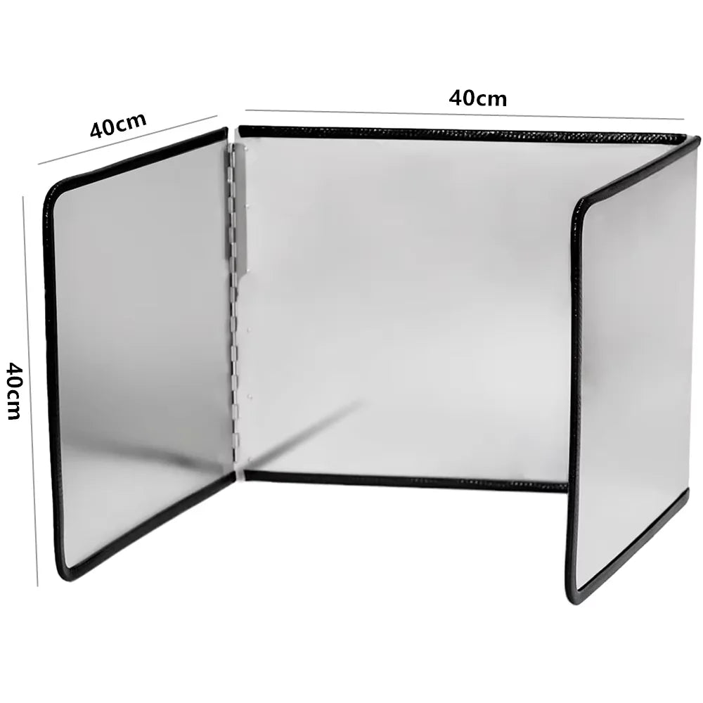 Foldable stainless steel oil splash guard for stovetop shown open with dimensions marked.