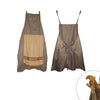A gray chef prank apron with a beige fabric panel and orange trim hanging on a hanger.