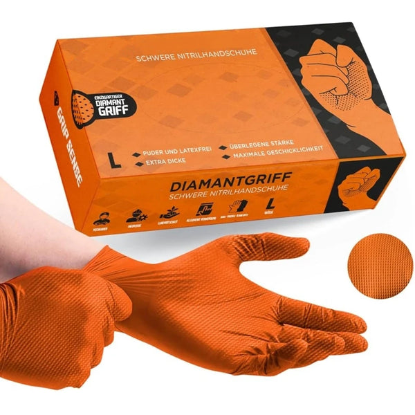 Box and orange heavy duty nitrile gloves shown with a hand wearing the gloves.