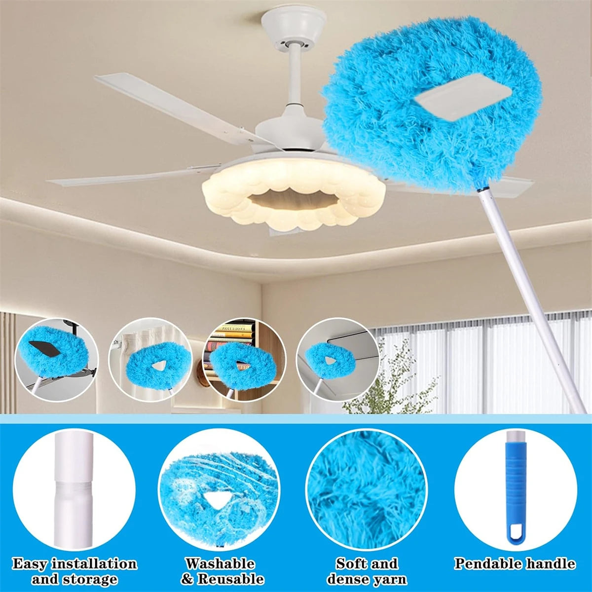 A blue fuzzy extendable ceiling fan duster set with a white light and a long handle for easy cleaning.