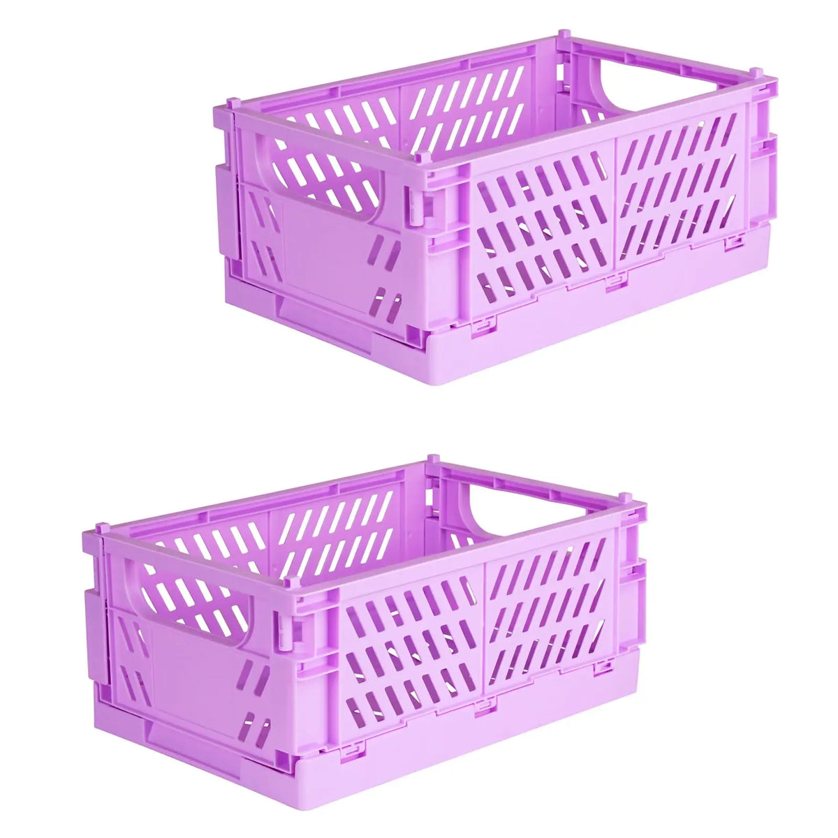 Two purple foldable plastic storage baskets with wire mesh compartments.