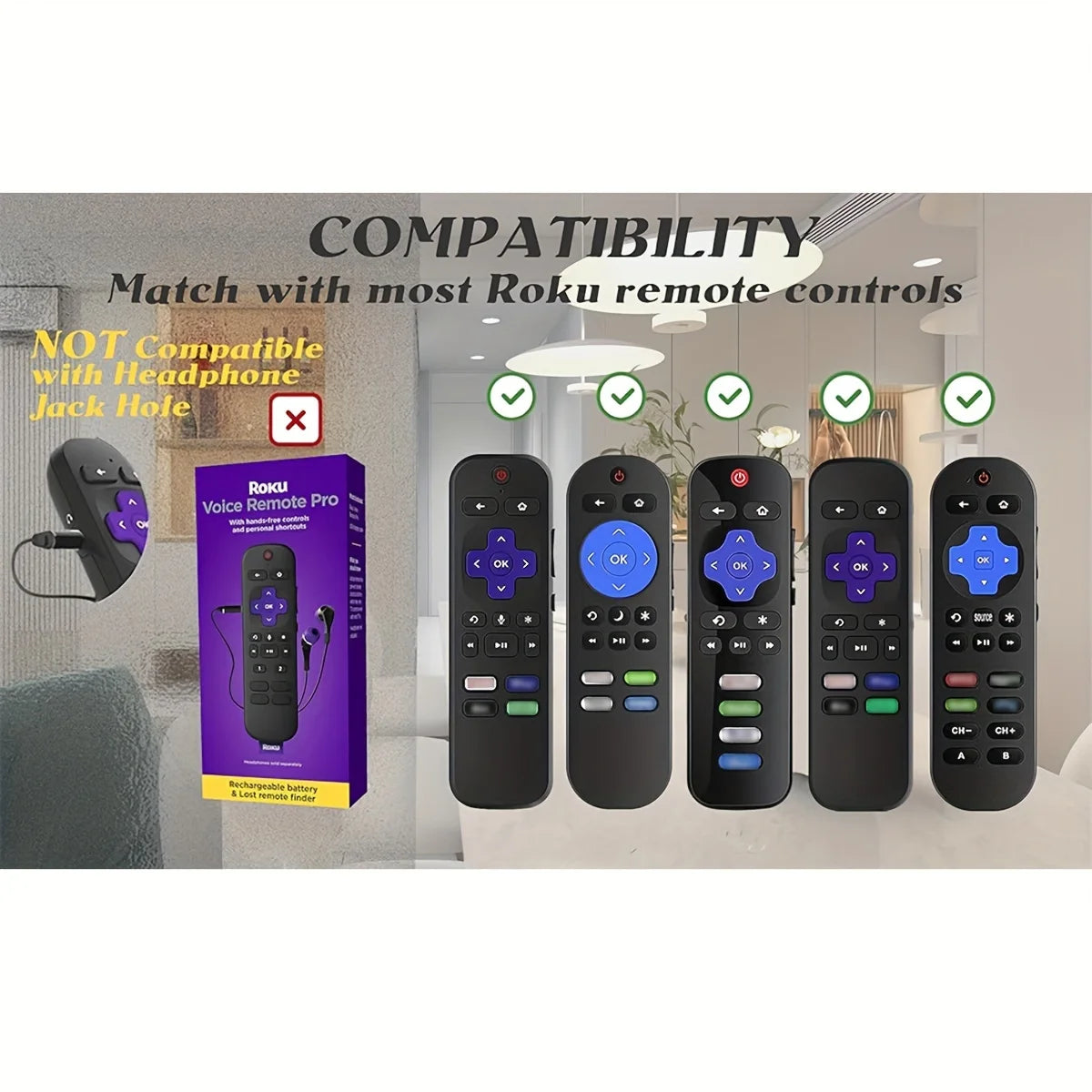 A set of black silicone remote control covers for Roku remotes shown with compatibility indicators.