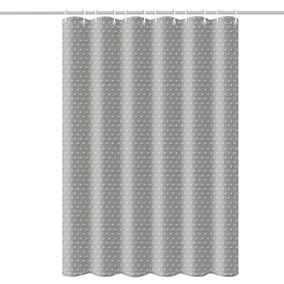 Gray waffle pattern shower curtain hanging on a rod
