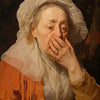 A portrait of an elderly woman with white hair and a white bonnet, looking distressed.
