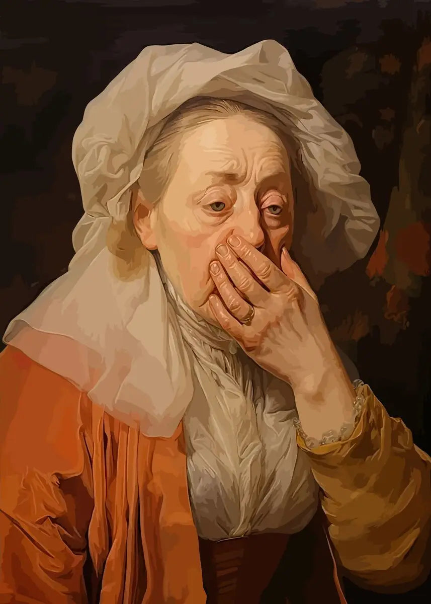 A portrait of an elderly woman with white hair and a white bonnet, looking distressed.