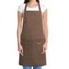 A brown adjustable hairdressing apron worn over a white shirt.