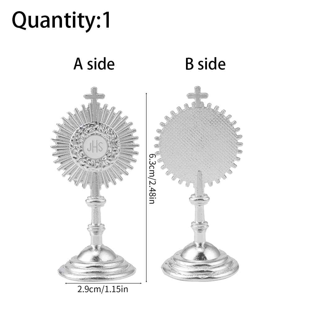 A side and B side of a mini metal religious ornament featuring a cross design.