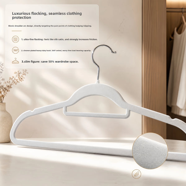White non-slip velvet hangers with chrome hooks displayed on a wooden surface.