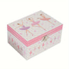 Caja de música clásica de ballet rosa y blanca decorada con figuras de bailarines.