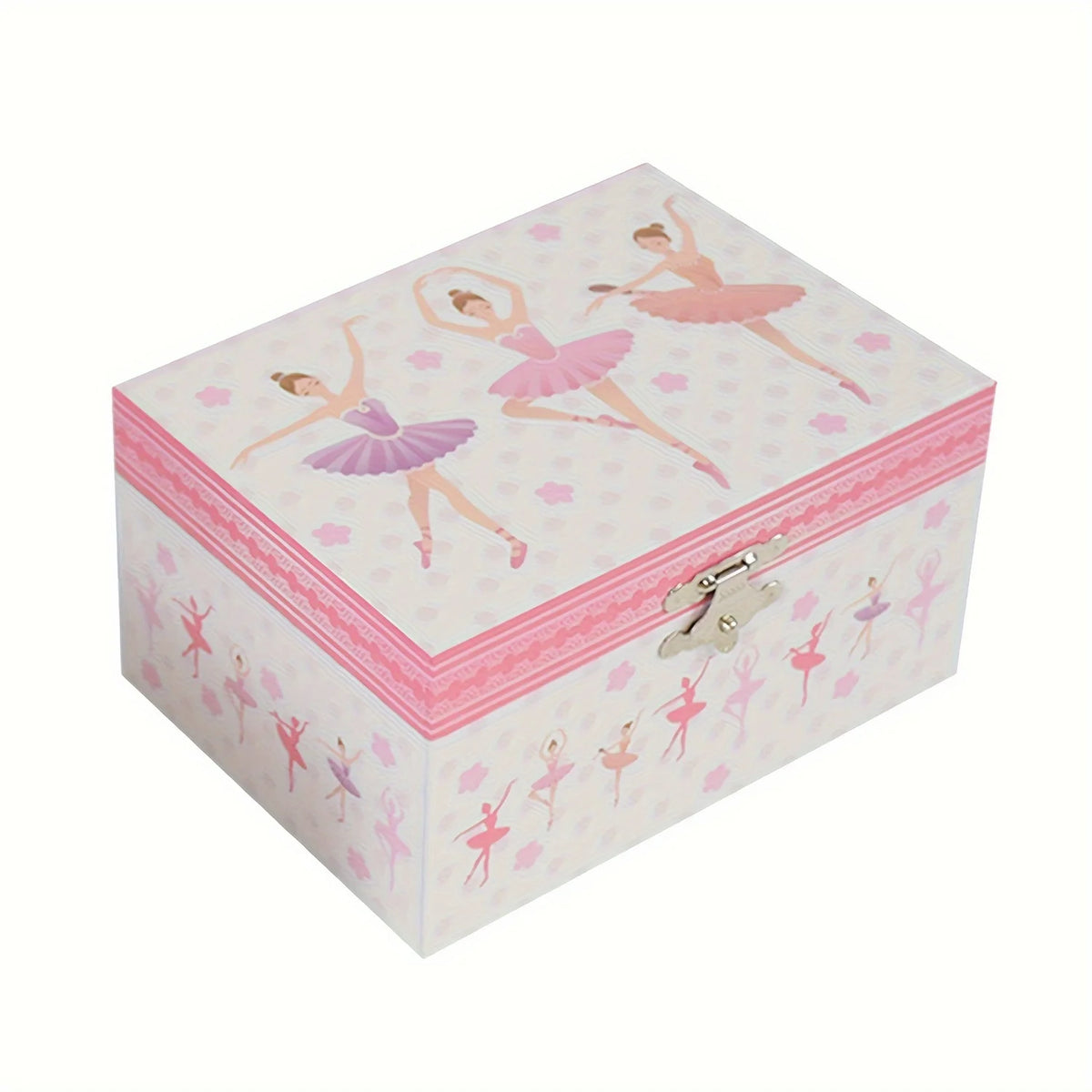 Caja de música clásica de ballet rosa y blanca decorada con figuras de bailarines.