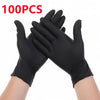 A pair of black disposable nitrile cleaning gloves are shown, ready for use.