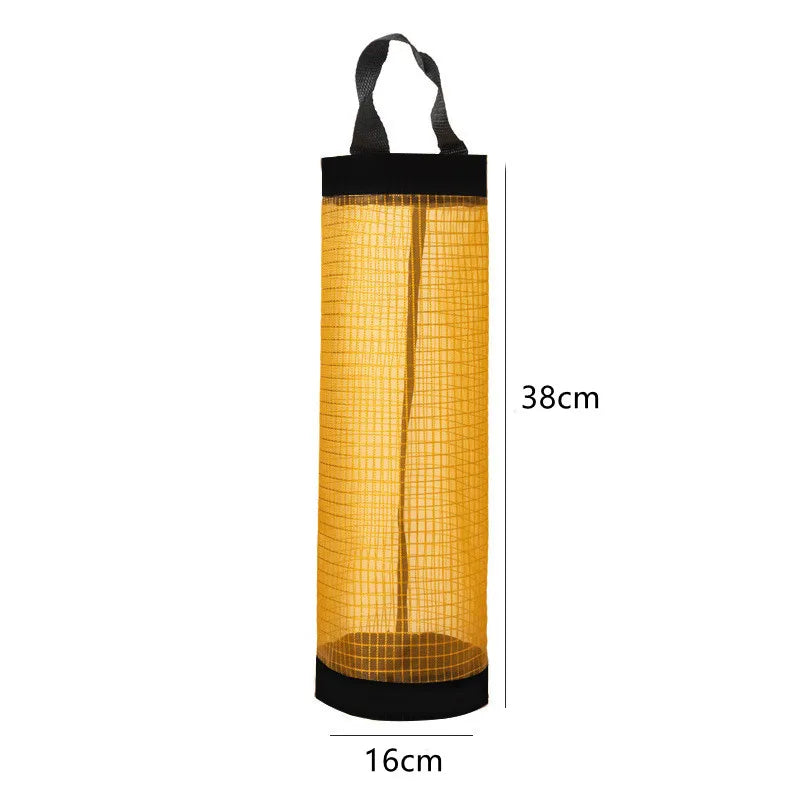 Distributeur de sacs en filet jaunes verticaux avec un haut et un bas noirs, mesurant 38cm de haut et 16cm de large.