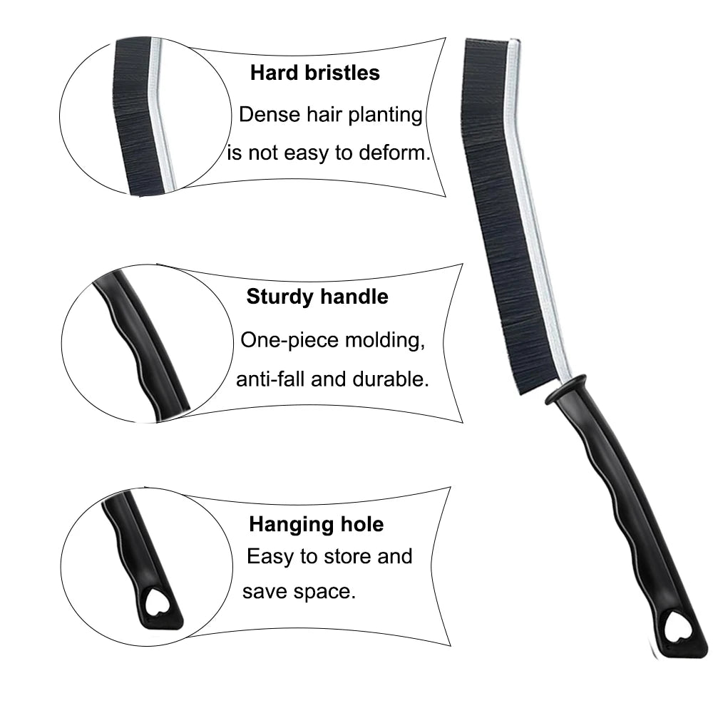 Diagrams showing the hard bristles, sturdy handle, and hanging hole of a crevice cleaning brush set.