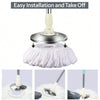A set of three microfiber spin mop heads and a handle are shown for easy installation and take off.