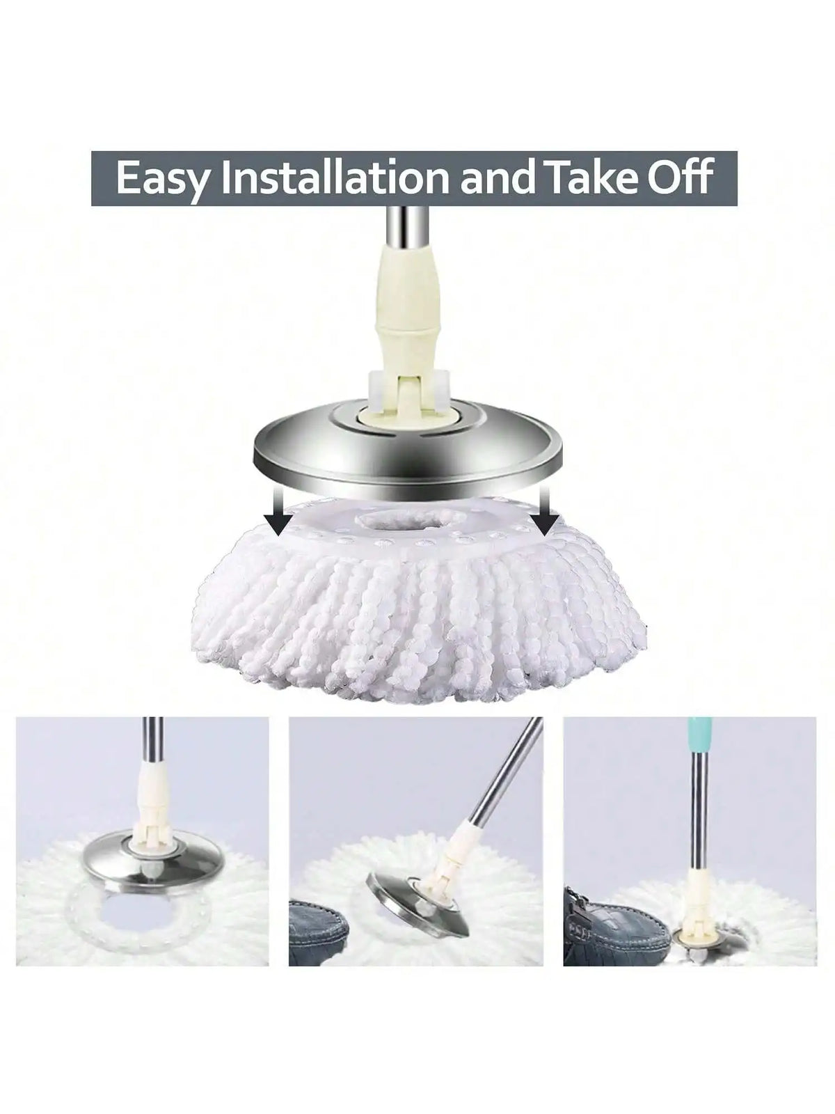 A set of three microfiber spin mop heads and a handle are shown for easy installation and take off.