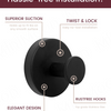 A black stainless steel towel rack with a twist and lock mechanism and rustfree hooks.
