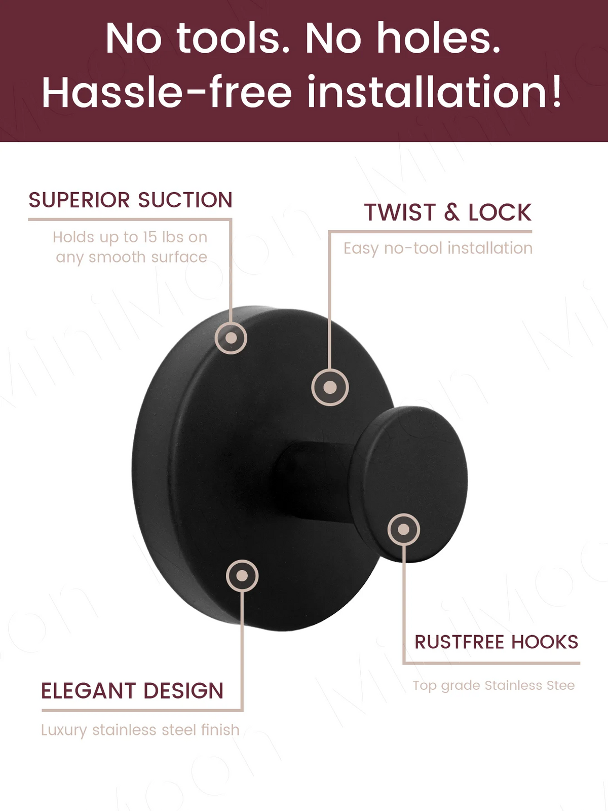 A black stainless steel towel rack with a twist and lock mechanism and rustfree hooks.