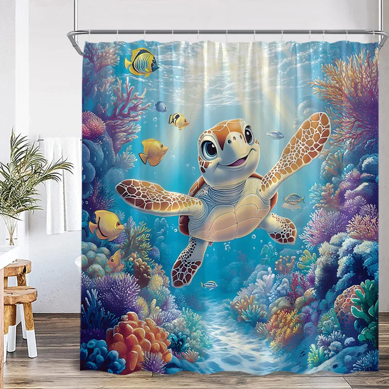 A tropical sea life shower curtain featuring colorful fish and vibrant coral underwater scene.