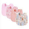 A pack of four pink soft cotton baby bibs featuring cute animal prints like deer and rabbits.