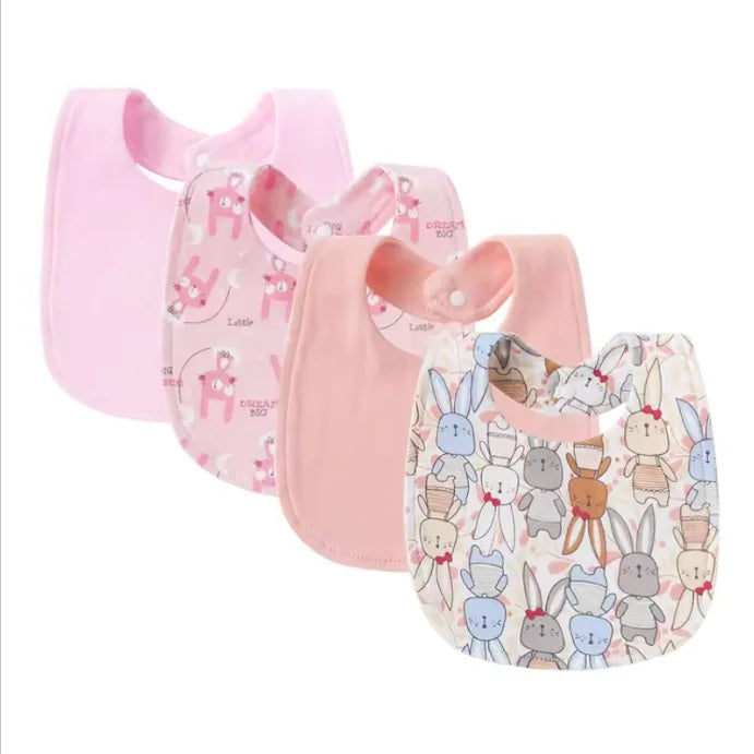 A pack of four pink soft cotton baby bibs featuring cute animal prints like deer and rabbits.