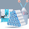 A stack of five white and blue scented drawstring trash bags is shown next to a package.