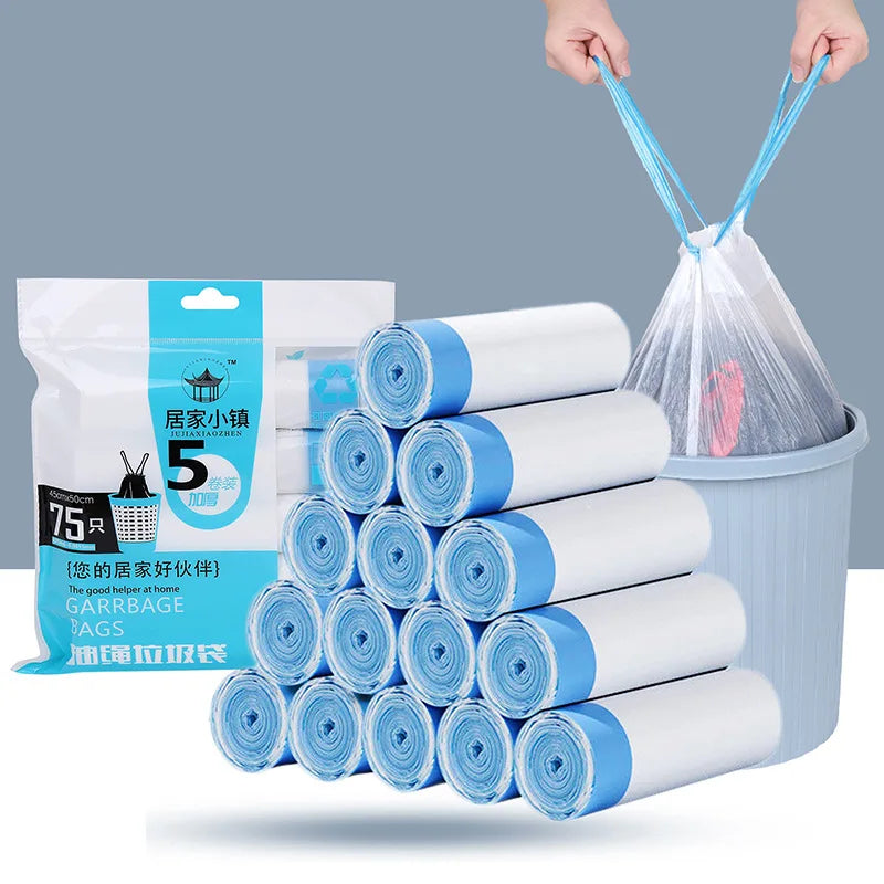 A stack of five white and blue scented drawstring trash bags is shown next to a package.