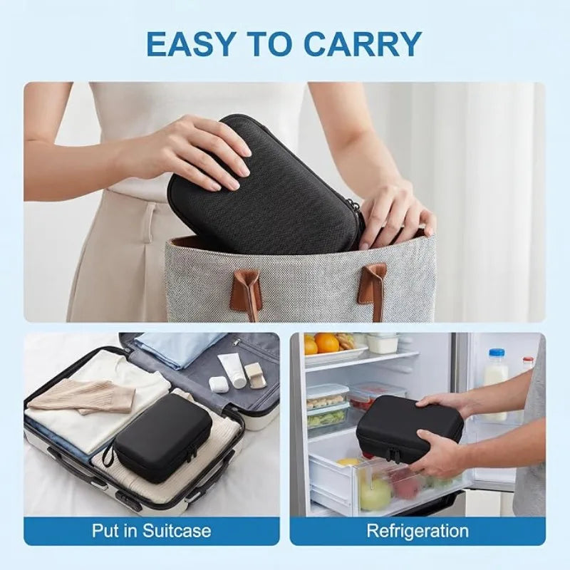 Insulin peptide storage case shown being carried, put in a suitcase, and used in refrigeration.