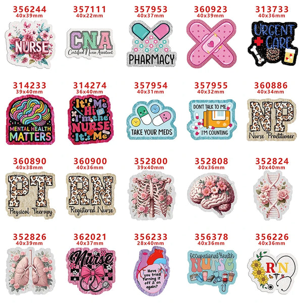 A collection of glitter acrylic flatback badges and craft supplies featuring various themes like Nurse, Pharmacy, Mental Heal