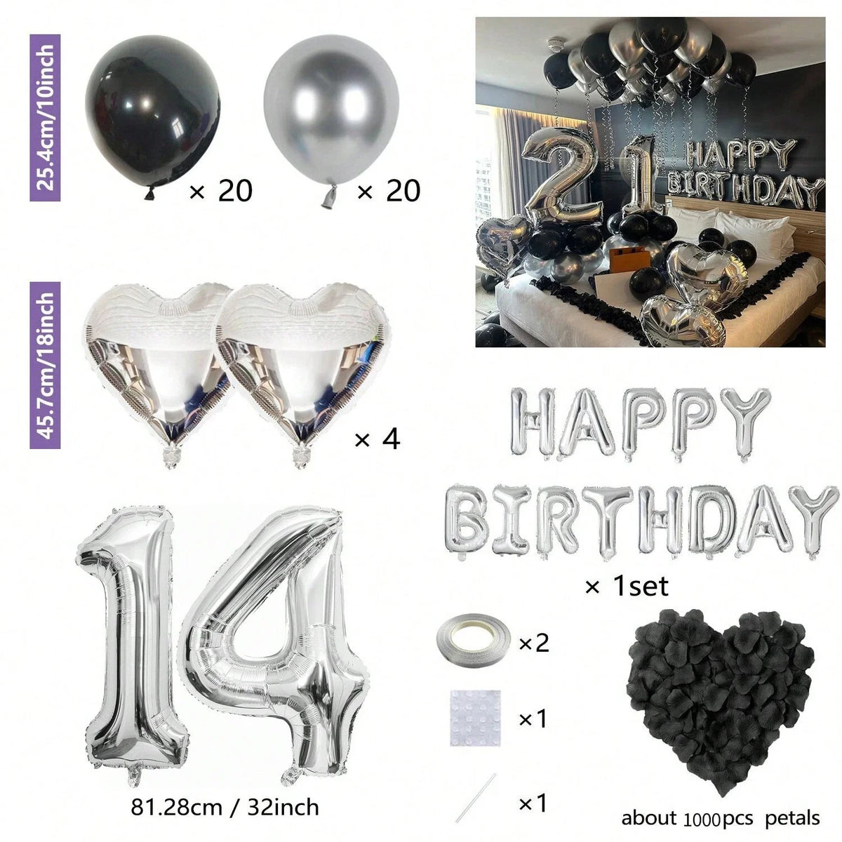 Bulk set of silver and black letter, round, and heart balloons for birthday parties