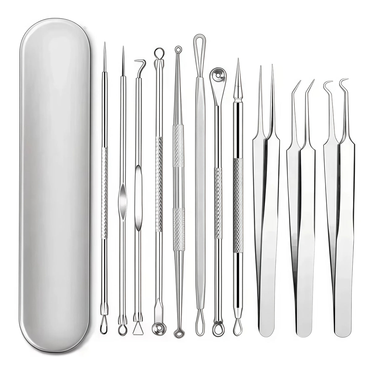Stainless steel acne and blackhead remover kit with various tools for facial cleansing
