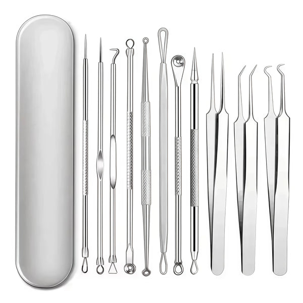 Stainless steel acne and blackhead remover kit with various tools for facial cleansing
