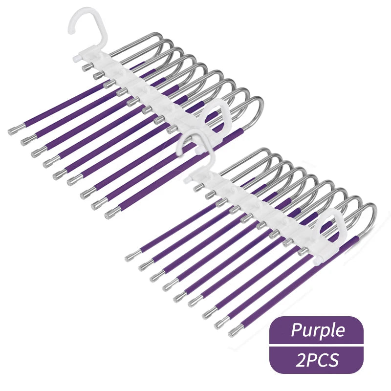 Purple stainless steel multi-layer hangers for clothes, sold as a 2-piece set.