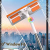 An orange and white double-sided window cleaning tool is shown fitting into a window, with a cityscape in the background.