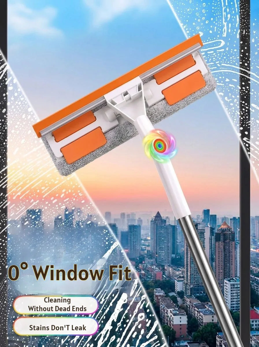 An orange and white double-sided window cleaning tool is shown fitting into a window, with a cityscape in the background.