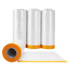 Three rolls of clear plastic sheeting masking film with orange labels and a sheet on a white surface.
