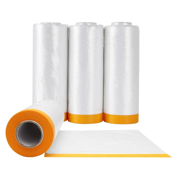 Three rolls of clear plastic sheeting masking film with orange labels and a sheet on a white surface.