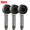 Three silver shower heads with black nozzles and metallic bodies for a 4-mode self-cleaning high pressure shower system