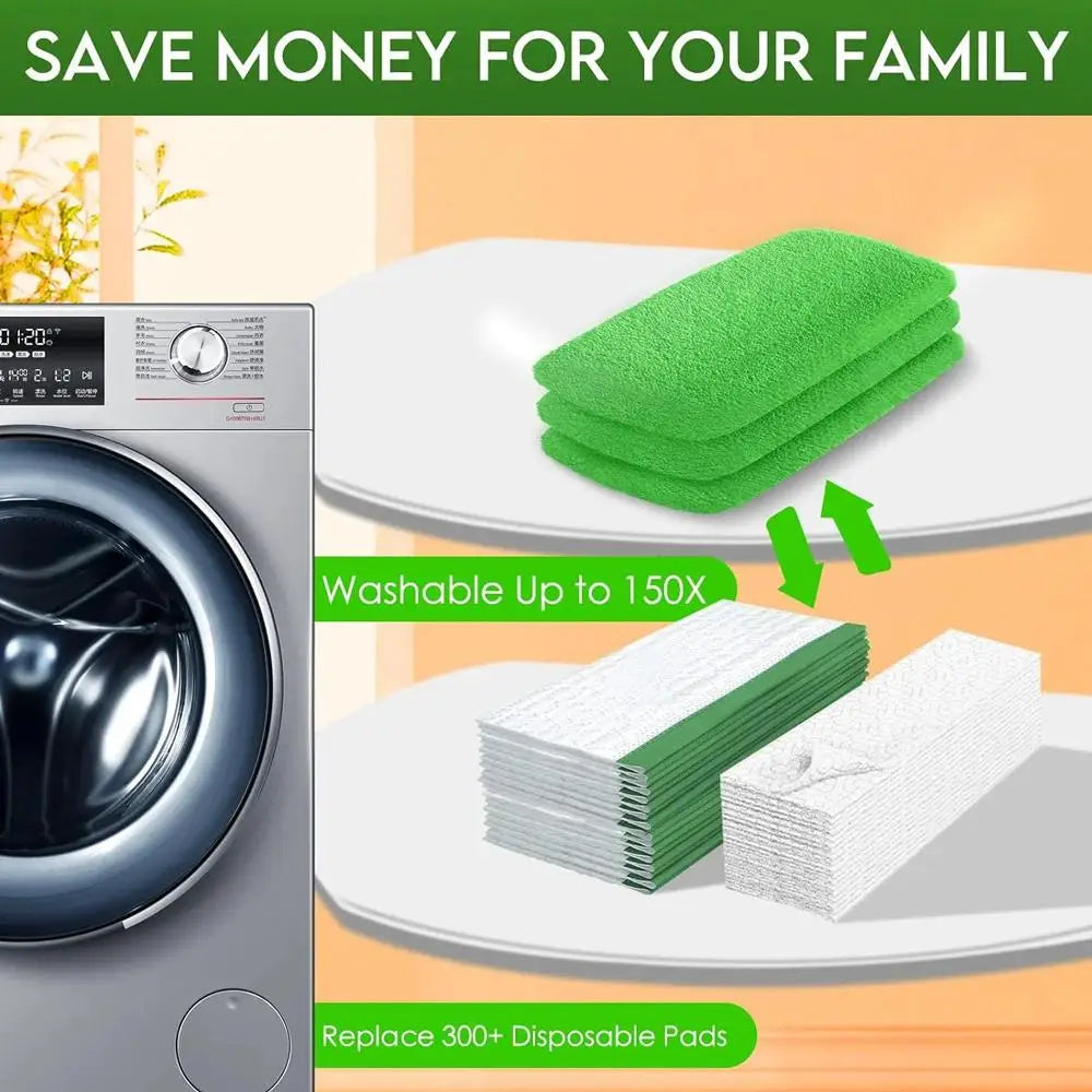 A stack of green reusable microfiber mop cloth pads next to a washing machine, promoting saving money for the family.