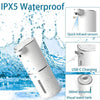 A white touchless electric soap dispenser is shown being splashed with water, highlighting its IPX5 waterproof feature and US