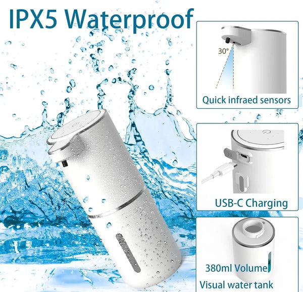 موزع صابون كهربائي يعمل باللمس ومقاوم للماء (IPX5) وهو يتعرض لرش الماء
